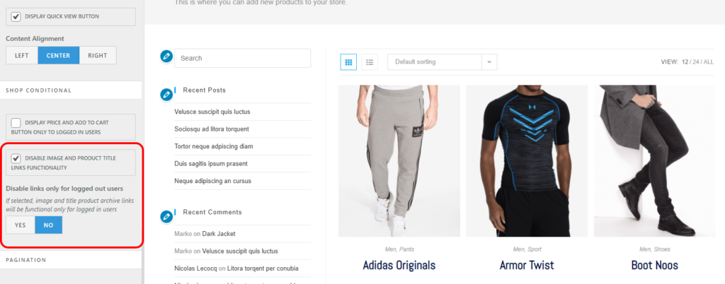oceanwp theme settings to disable woocommerce archive and product category pages image and title links