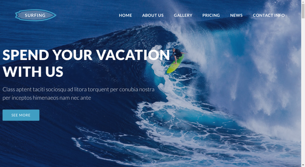 screenshot of the Surfing WordPress template ideal for business involved in surfing or diving lessons, based on the OceanWP best business WordPress theme