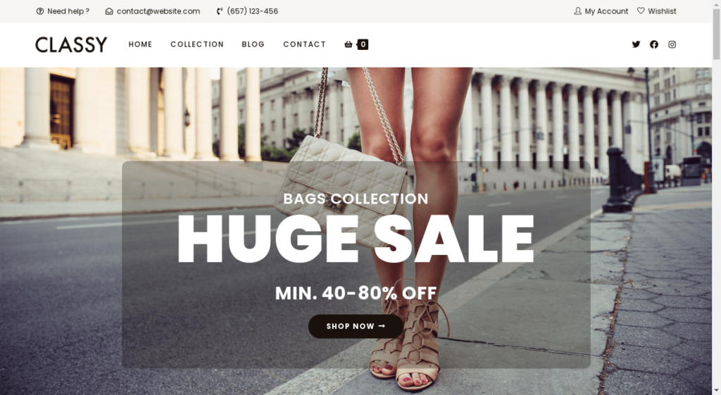 screenshot of the Classy WordPress template for WooCommerce ideal for stores and business that sell bags, shoes, jewelry, wallets or other accessories, based on the OceanWP best eCommerce theme