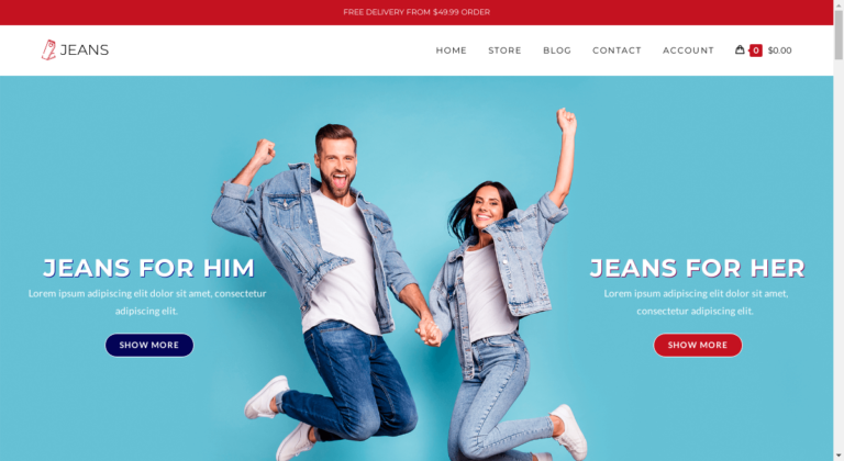 screenshot of WordPress template for WooCommerce for an eCommerce store that sells jeans and other denim products based on the OceanWP best eCommerce WordPress theme