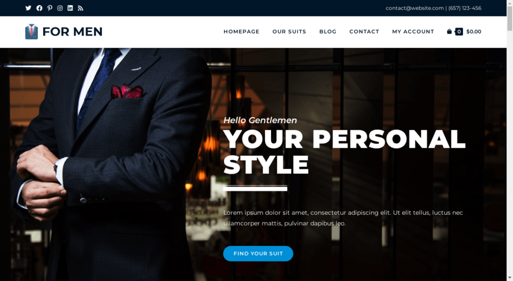 screenshot of WordPress template for WooCommerce for classy and elegant suit eCommerce stores based on the OceanWP best eCommerce theme