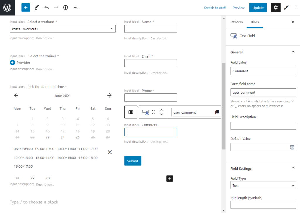 adding text field blocks to the appointment booking form