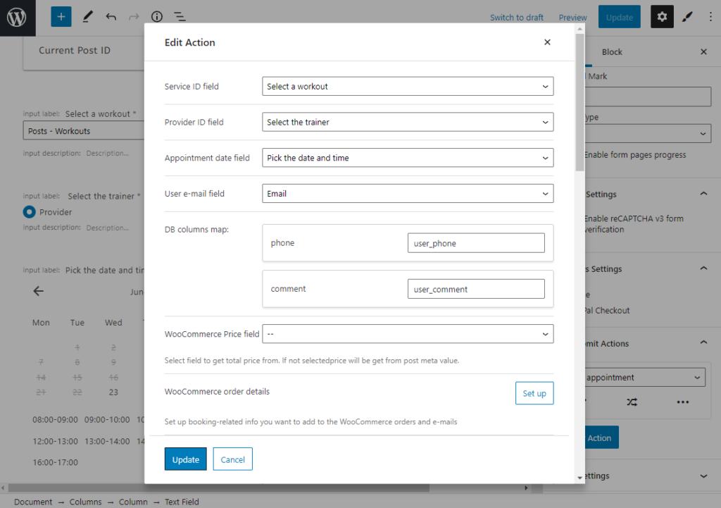 setting up the Insert Appointment post-submit action