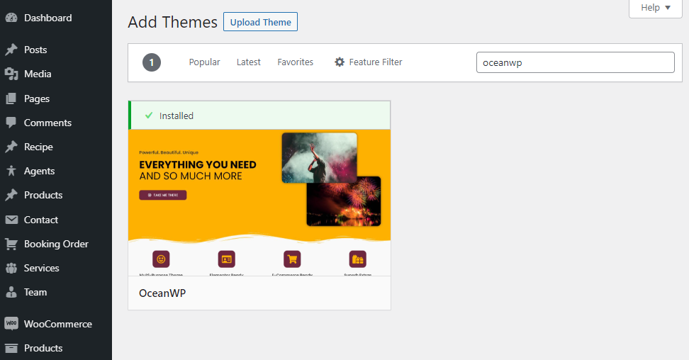 Screenshot of installing the OceanWP theme for the appointment website