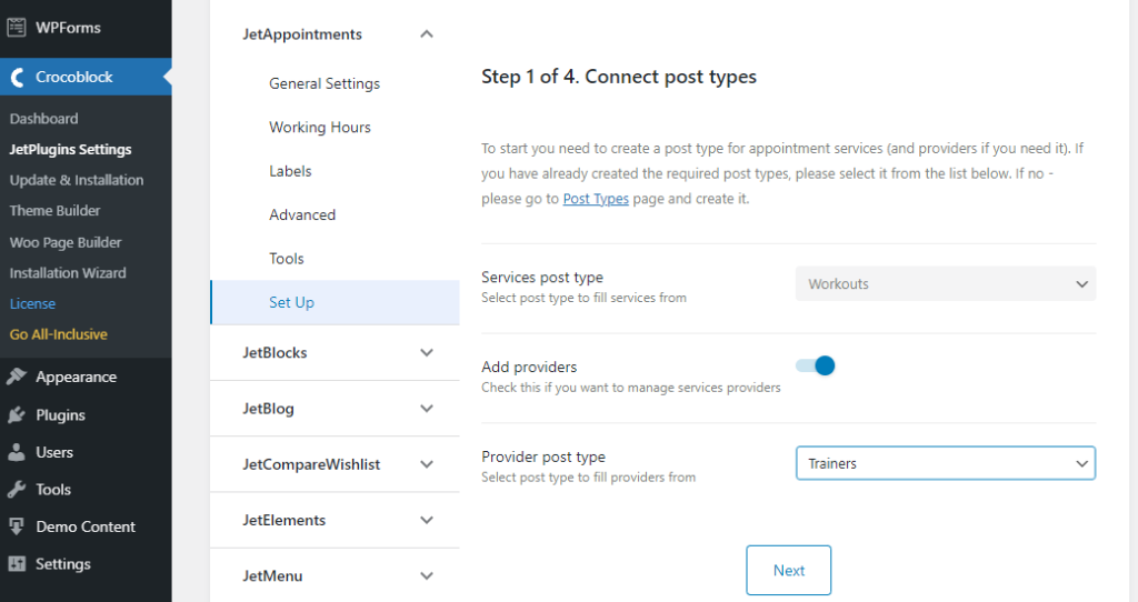 screenshot of appointment booking plugin setup – step 1
