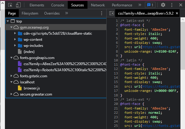 OceanWP update: preview of how Google fonts are loaded on a website in browser inspector