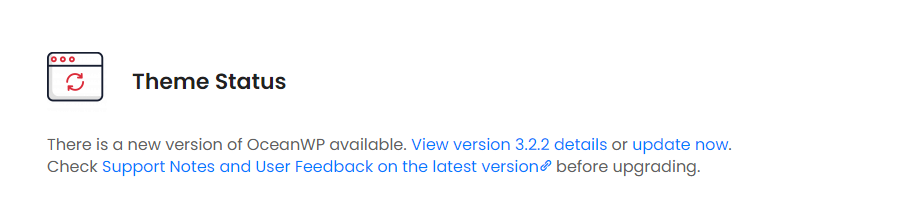 preview of the new OceanWP update feature called the Theme Status which displays whether a new OceanWP update is available
