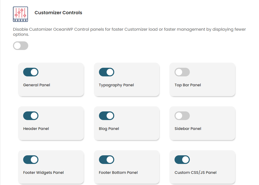 preview of the OceanWP panel Customizer controls option that allows you to disable specific customizer panel options from loading