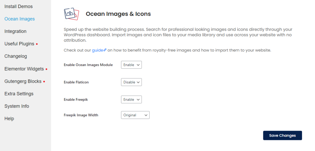 preview of the Ocean Images image and icons import feature and related settings