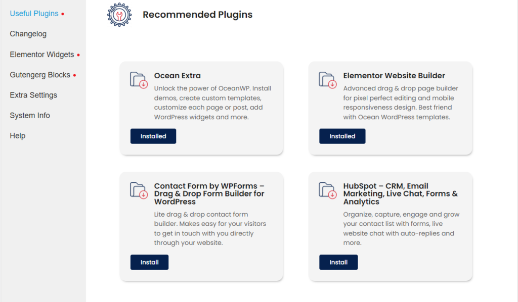 preview of the OceanWP Panel useful plugins section for recommended plugins