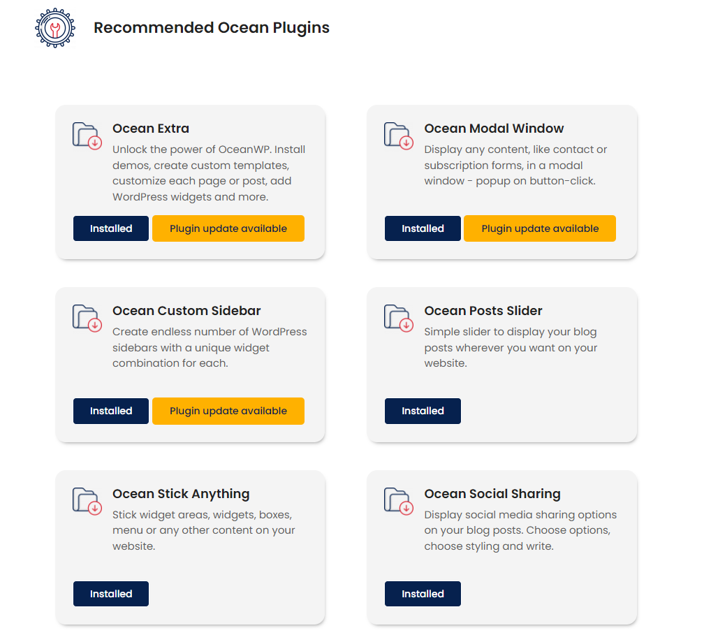 preview of the OceanWP Panel useful plugins section for OceanWP free plugins