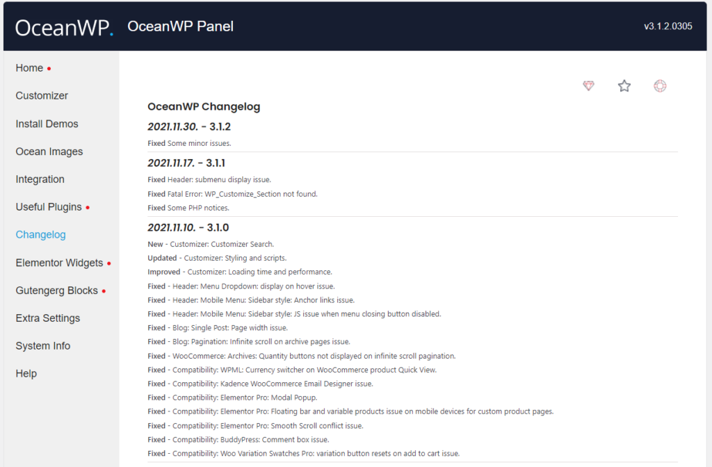 preview of the new OceanWP Panel feature that allows users to check the theme update changelog