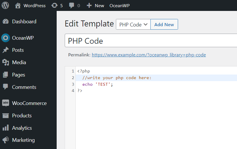 an example of new Ocean Hooks functionality to add custom PHP codes