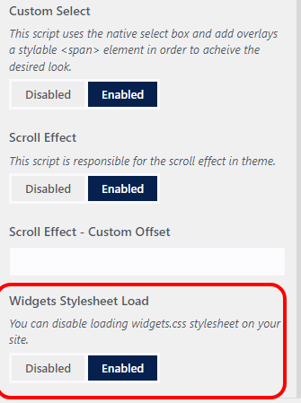 OceanWP Northern Star update brings a new feature that enables users to disable the widgets stylesheet from loading on their websites. This is a screenshot of the new Widgets Stylesheet Load settings option in the OceanWP theme Customizer