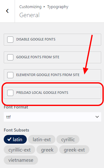 OceanWP Northern Star Update brings a new feature related to local Google fonts existing feature which allows users to preload their locally hosted Google fonts. This is a screenshot of the OceanWP Customizer settings where users can enable the new preload local Google fonts feature
