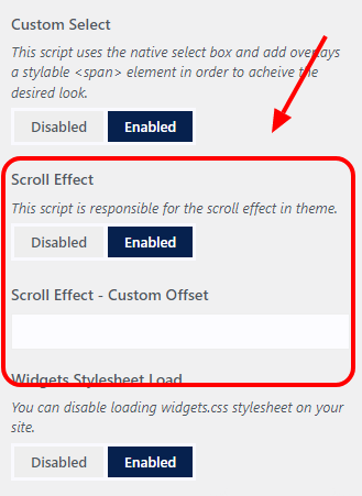 OceanWP Northern Star update release brings a new option to disable the smooth scroll effect included in the OceanWP theme or add custom offset to it. This is a screenshot of OceanWP Customizer settings that allow users to enable or disable the Scroll Effect script per need or add custom offset