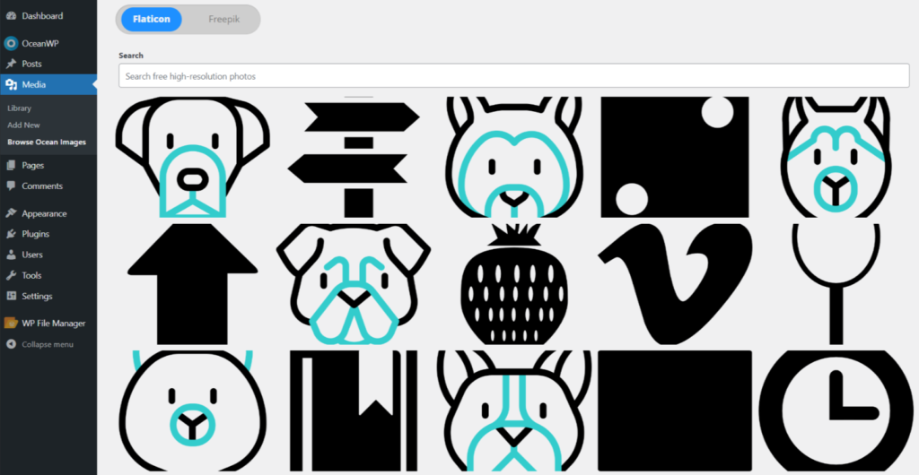 screenshot of the OceanWP icons import functionality which is added to the WordPress Media Library