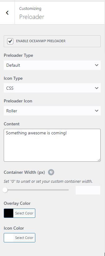 the OceanWP Northern Star update release includes a brand new feature called website preloader, which is an animation that is displayed on the frontend while your website content is loading. This is a screenshot of the OceanWP Preloader Customizer settings