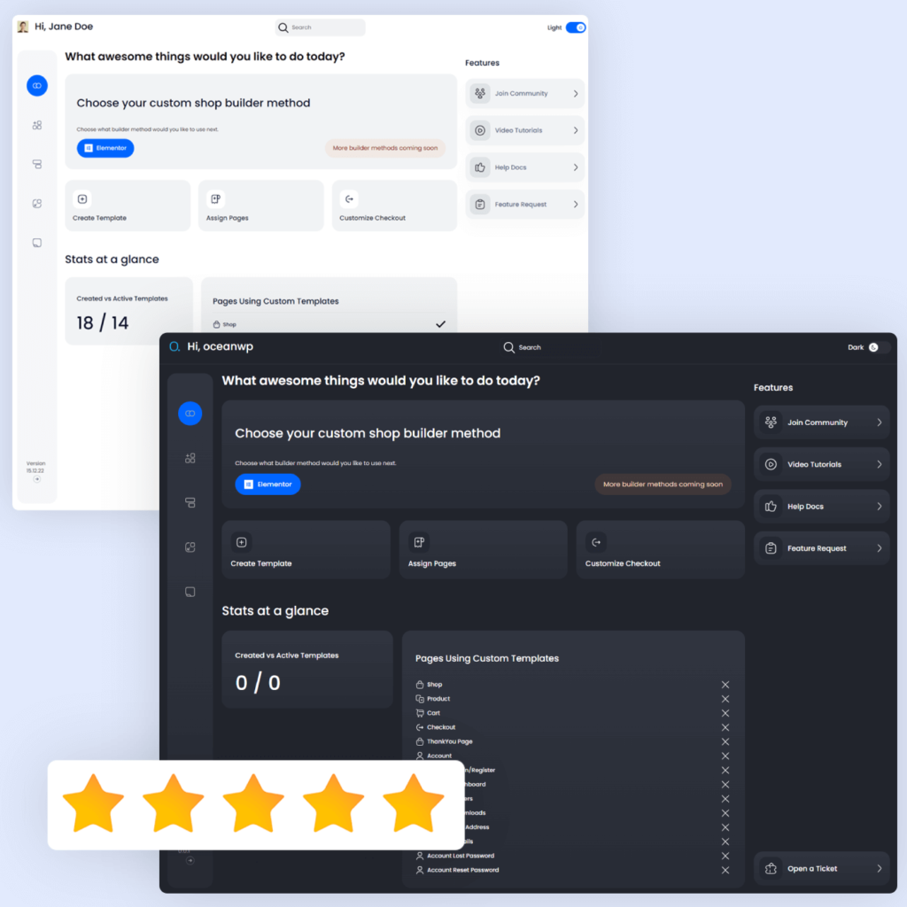 screenshot of the new Ocean eCommerce premium plugin dashboard in light and dark mode