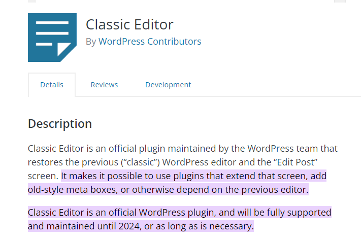 screenshot of the classic editor WordPress plugin description and lifespan guarantee