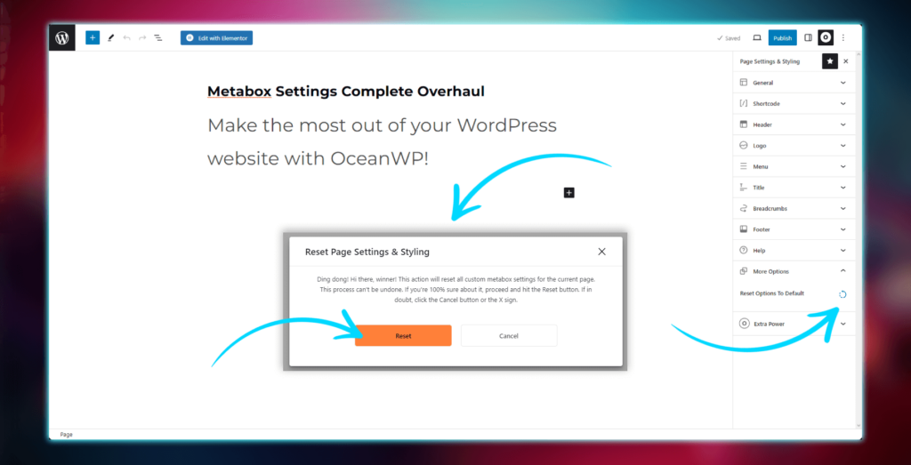 OceanWP Metabox Settings new option to reset page settings and styling