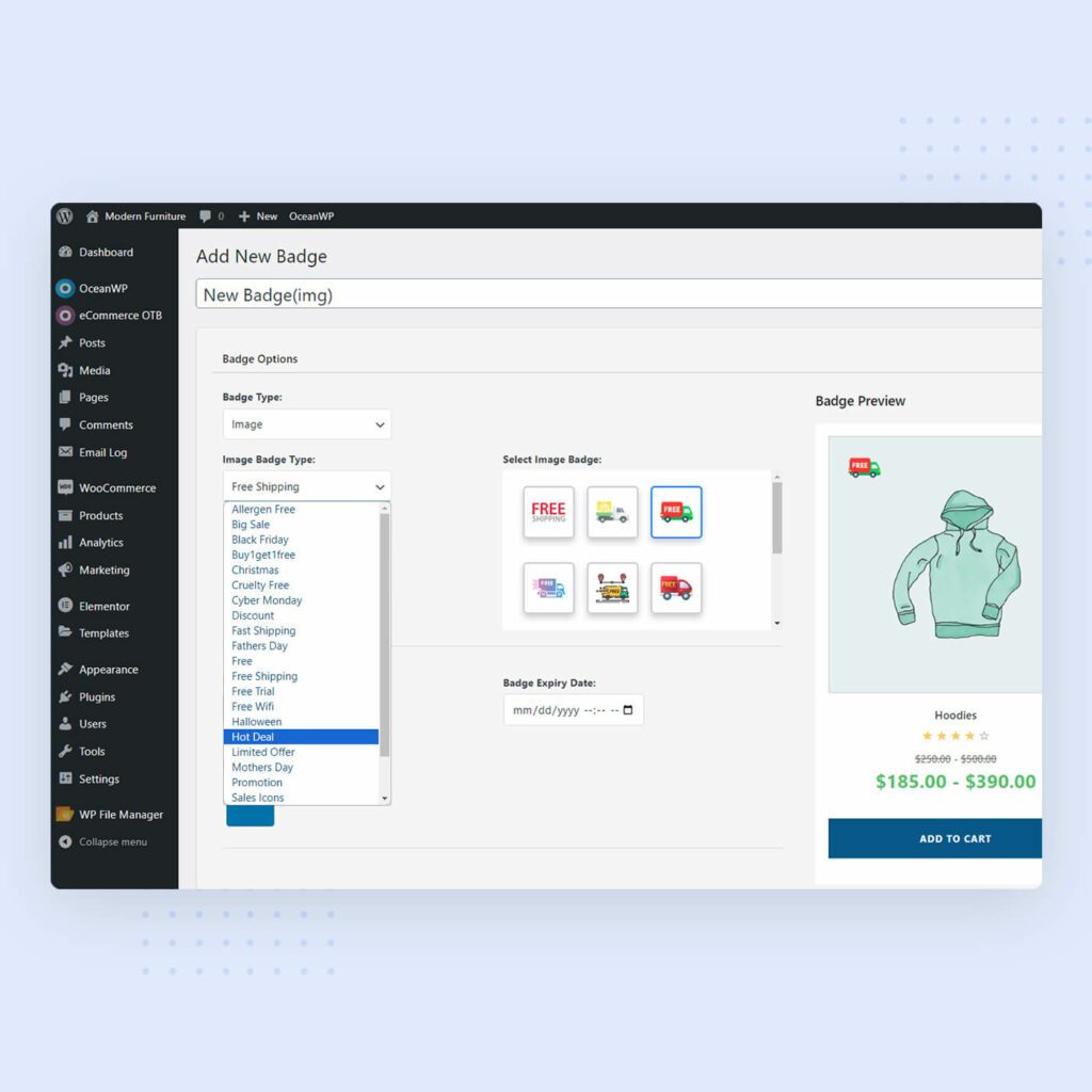 new OceanWP premium feature image product badges for WooCommerce