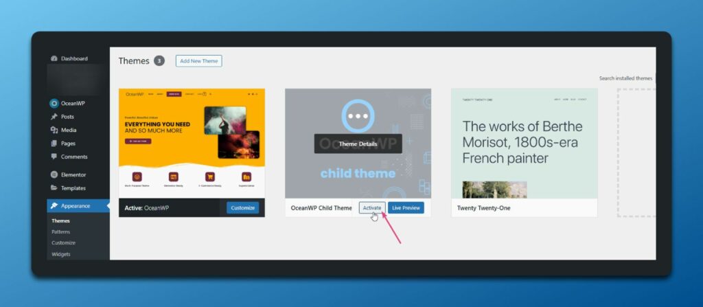 activate a WordPress child theme in WordPress admin area