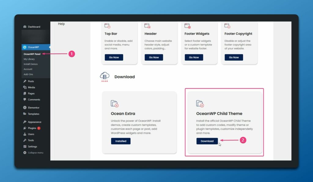 install OceanWP child theme automatically