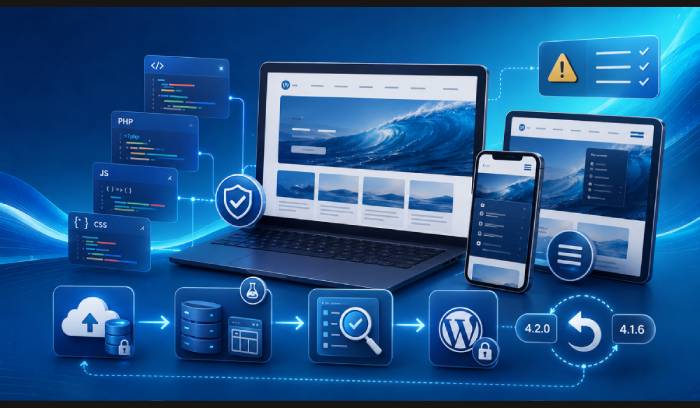 an illustration on how to safely update OceanWP 4.1.6 to 4.2.0 to make use of new accessibility changes and improvements