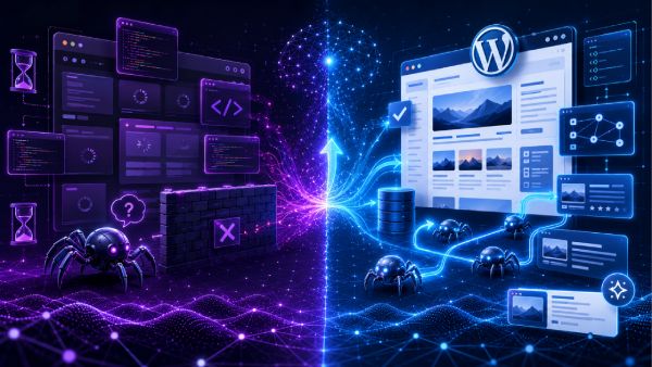 an illustration of WordPress being better for SEO and GEO optimization than vibe-coded websites