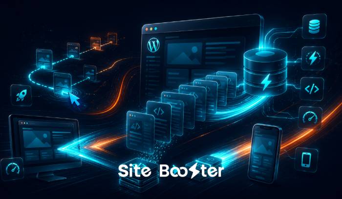 an illustration of Site Booster's advanced page caching and smart preloading features for WordPress websites