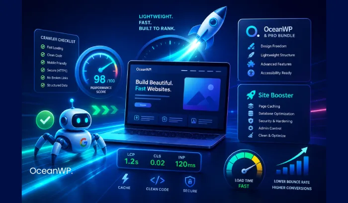an illustration displaying that true SEO requires website speed, performance and clean tech, and how OceanWP premium products can help achieve the goal