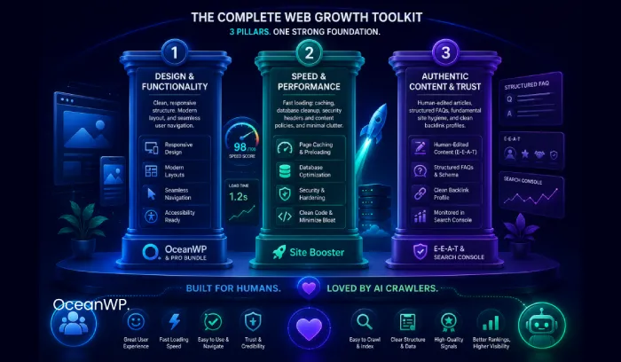 an illustration of the complete SEO web growth toolkit divided into 3 pillars: design & functionality, speed & performance, and authentic content & trust