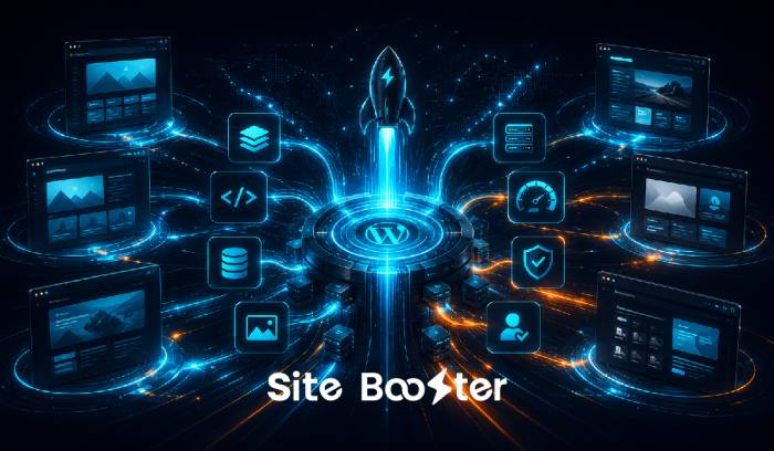 an illustration of how Site Booster simplifies WordPress optimization plugin stack by consolidating caching, performance, asset management, and database health into a single suite