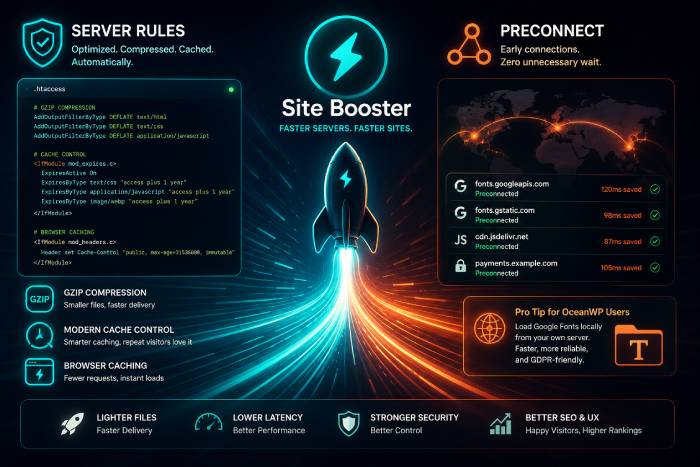 an illustration of how Site Booster's Server Rules and PreConnect options improve WordPress websites server efficiency and performance