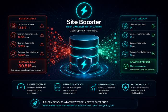 an illustration of how Site Booster's Database option cleans and optimizes WordPress site database